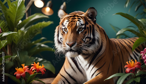 Majestic Bengal Tiger in Amid Lush Greenery and Vibrant exotic Flowers