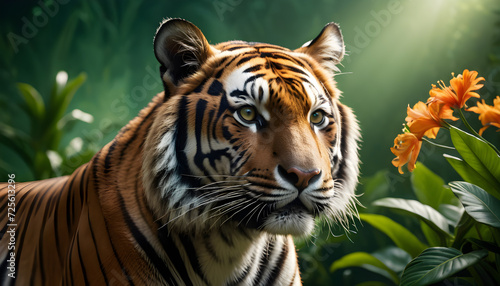 portrait of Bengal Tiger in Amid Lush Greenery and Vibrant exotic Flowers