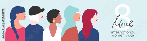 International Womens Day greeting banner. Women different nationalities on pink background. Girl power, struggle for equality, feminism, sisterhood concept. Vector.