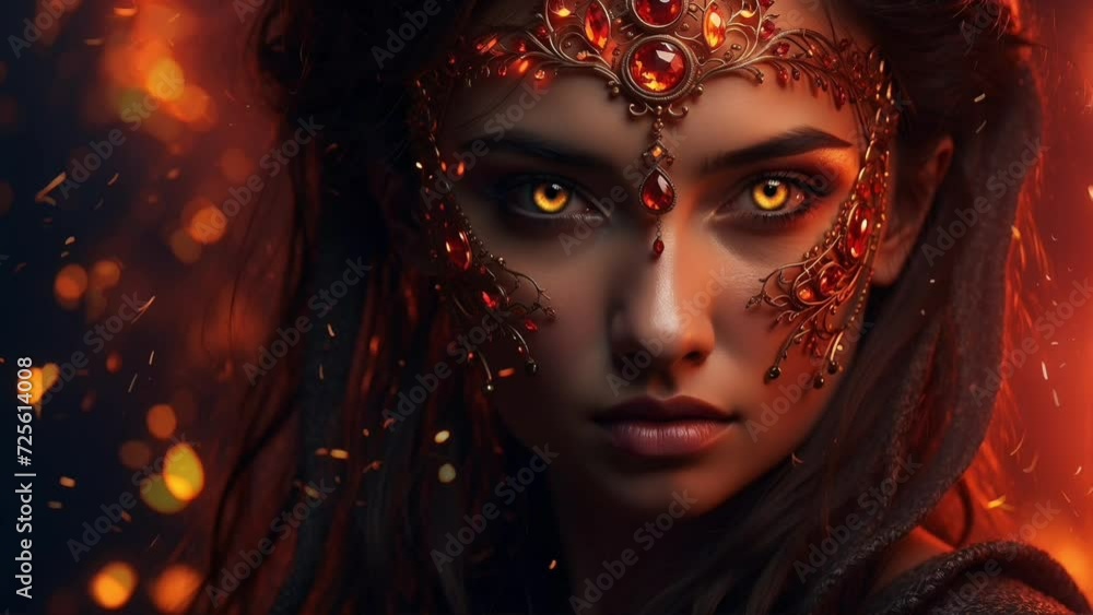 motion of a warrior girl's face with yellow fiery eyes and bokeh of sparks
motion of a warrior girl's face with yellow fiery eyes and bokeh of sparks