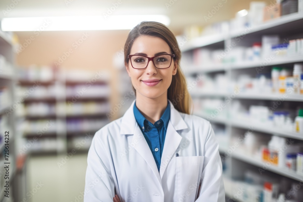 A Smiling Female Pharmacist in Her Organized Pharmacy, Surrounded by an Array of Health Products and Medicines
