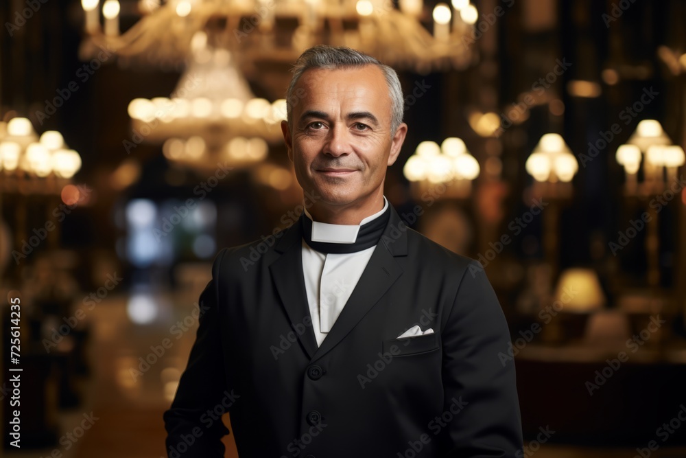 Poised Hotelier in the Heart of Luxury, Managing the Hustle of His Grand Hotel Lobby with Unmatched Elegance Poised Hotelier in the Heart of Luxury, Managing the Hustle of His Grand Hotel Lobby with Unmatched Elegance