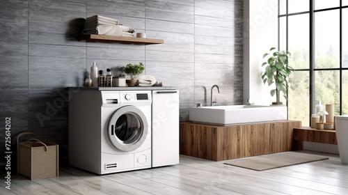 Laundry room interior with washing machine on grey wall background.