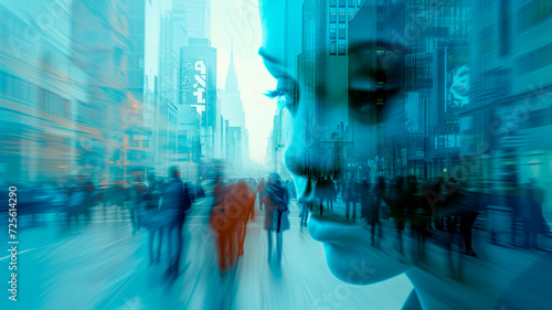 People in the city. Portrait of young woman on a hustling street. Double exposure with woman and city on the background