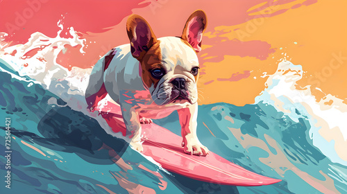 A playful French Bulldog puppy rides the waves, creating colorful splashes in the ocean. active sport, pink and blue colors. generative AI © masanyanka