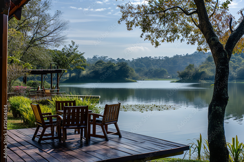 Lakeside retreat where visitors relax with herbal tea - immersed in natural surroundings - providing a peaceful escape and rejuvenation.