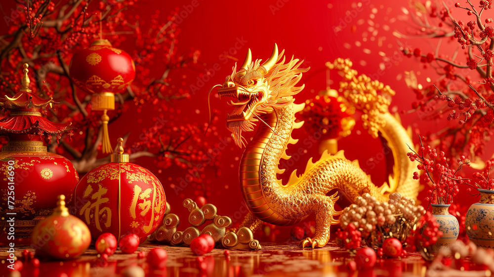 Golden chinese dragon and chinese lantern on red background, Red chinese dragon pattern on red background, New Year abstract greeting backdrop with copy space. Design for poster, card, banner. Golden chinese dragon and chinese lantern on red background, Red chinese dragon pattern on red background, New Year abstract greeting backdrop with copy space. Design for poster, card, banner.