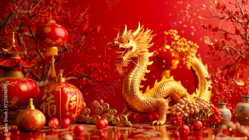 Golden chinese dragon and chinese lantern on red background, Red chinese dragon pattern on red background, New Year abstract greeting backdrop with copy space. Design for poster, card, banner.