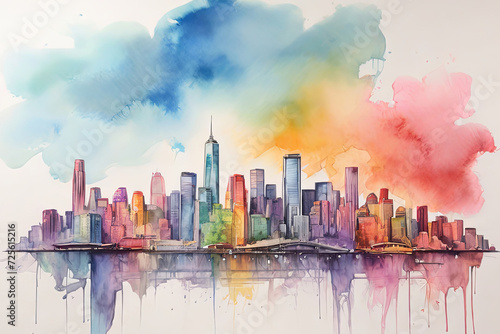 Watercolor cityscape. Explore the charm of a big city skyline captured in vibrant watercolors. Perfect for adding a touch of artistic elegance to your projects. 