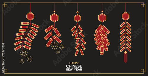 Hanging firecrackers chinese style, illustrations and decorations for Asian New Year, holiday celebration and greetings. flat design, 2D front view.