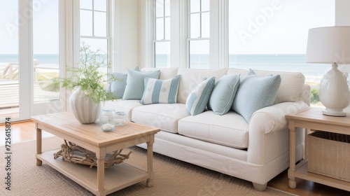 beautiful small space casual living family room soft neutral wood beams and a gorgeous grouping of swivel color fabric chairs around a striking coffee table coastal design nature freshness home © VERTEX SPACE