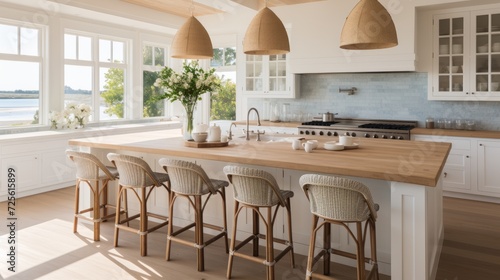 coastal interior design concept dining natural material cosy comfort Woven pendant lights bring a modern coastal feeling to this light and airy kitchen The stylish counter stools are a favorite theme