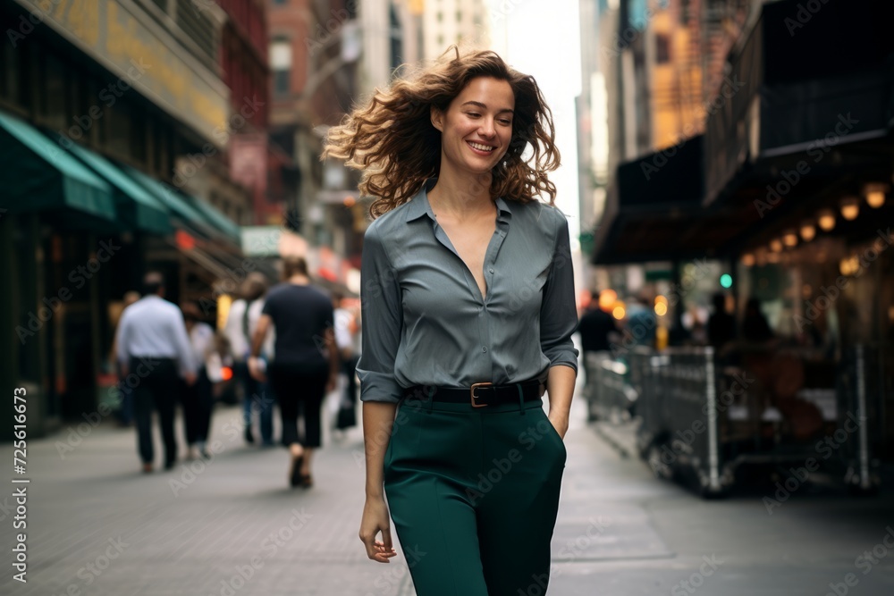 Fototapeta premium A stylish woman in teal ankle pants and a black silk shirt, navigating through a busy cityscape with grace and confidence