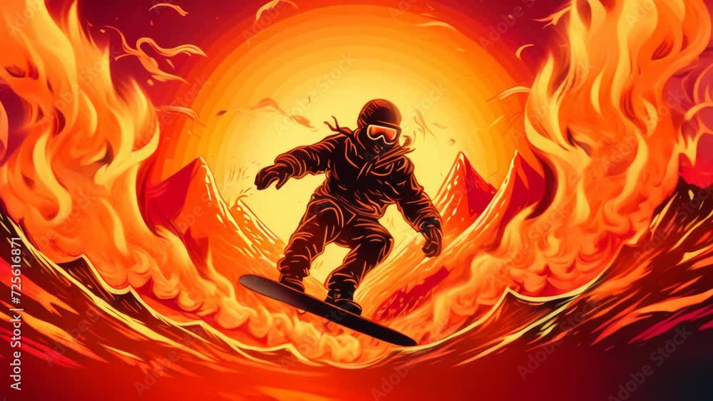 Snowboarding in the mountains between fire at sunset Snowboarding in the mountains between fire at sunset