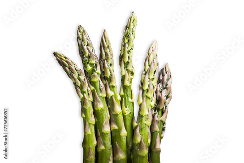 Asparagus isolated on white. Green vegetable sticks. Cutout food. Raw and ready to cook. Fresh vibrant green color asparagus.