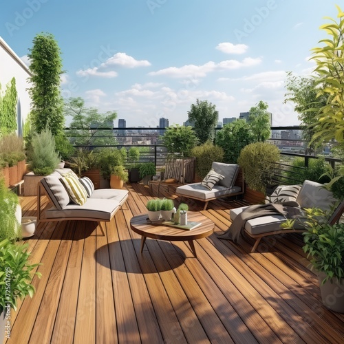 an outside area with a couch and chair on the deck looking out onto the trees in the yard behind it