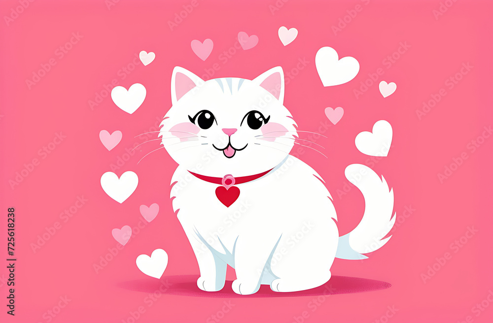 A large full-length portrait of a cheerful cat on a solid pastel pink background with hearts. Love for animals