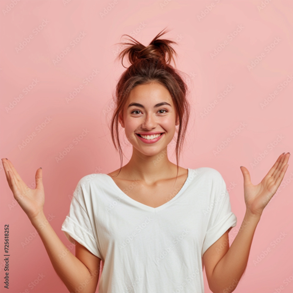 Happy smiling woman gesturing with hands and showing balance ai technology Happy smiling woman gesturing with hands and showing balance ai technology