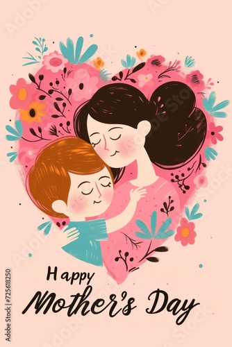 A mother and her child hug in a pink heart shape with flowers. Happy Mother's Day card
