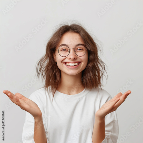 Happy smiling woman gesturing with hands and showing balance ai technology