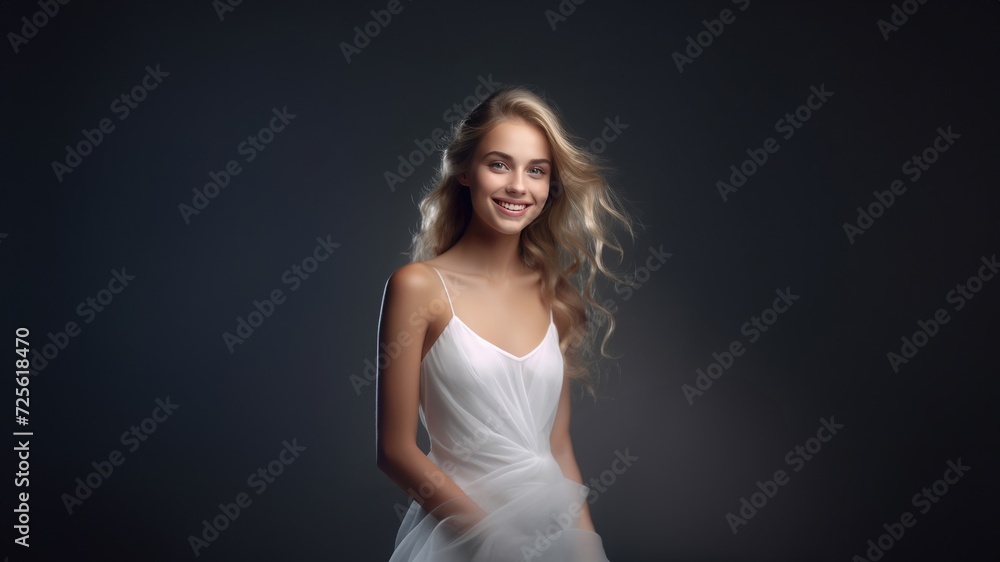 Radiant Charm Portrait, a captivating image capturing the joyful essence of a young woman with beautiful hair and a charming smile against a sleek black background. Generative AI. Radiant Charm Portrait, a captivating image capturing the joyful essence of a young woman with beautiful hair and a charming smile against a sleek black background. Generative AI.