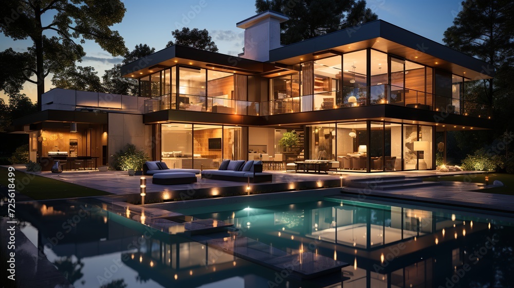 view of a modern villa and a luxurious infinity pool with a sunset reflection. 3D Illustration