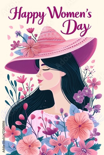 Happy Women's Day purple postcard with elegant woman in violet hat and spring flowers, vector illustration. photo