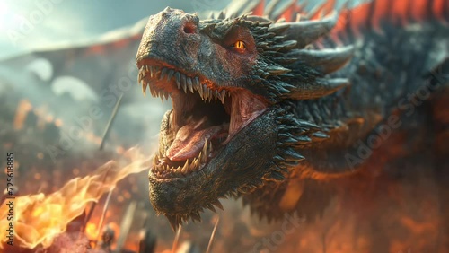 Fantasy war of humans against dragons, mighty dragon rages and spews fire That burns. seamless looping 4k time-lapse animation video background photo