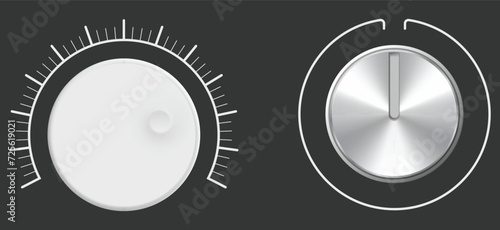 A pair of Creative vector illustration of dial knob level technology settings, music metal button with circular processing isolated on background.