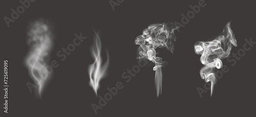 Creative vector illustration of delicate white cigarette smoke waves texture set isolated on black background.