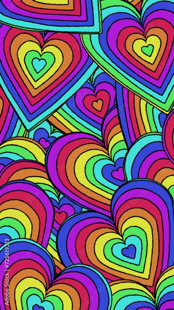 Looped cartoon abstract background of overlapping concentric hearts ...
