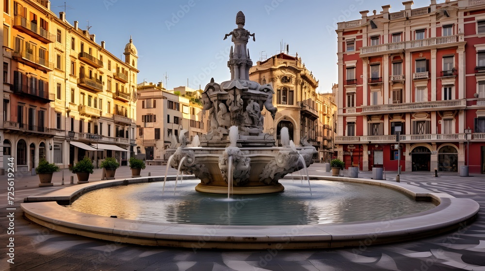 Genoa, Italy Plaza and Fountain in the Morning
 - obrazy, fototapety, plakaty 