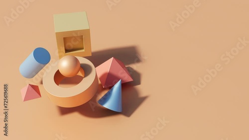 Looped image of 3D geometric shapes moving on the left side of the screen on peach fuzz background, with an empty space on the right side for text or product advertisement