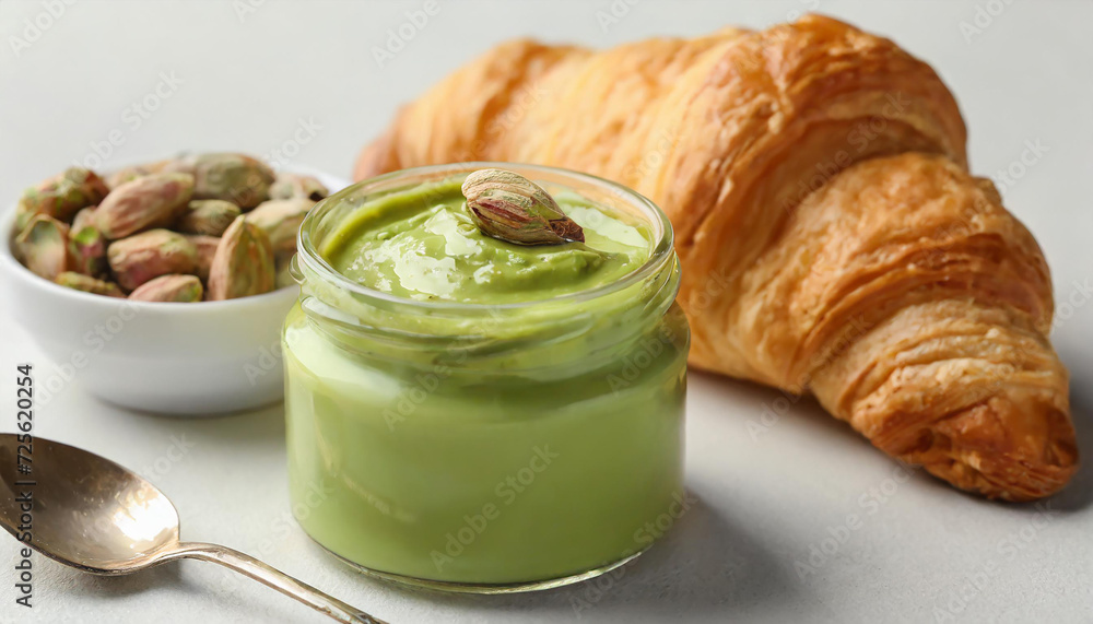 Tasty pistachio cream in jar, spoon and croissant on light table, closeup Tasty pistachio cream in jar, spoon and croissant on light table, closeup