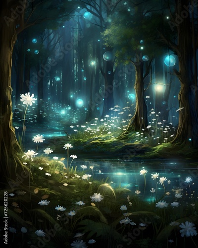 Fantasy forest with trees and flowers in the night - illustration for children