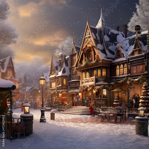 Christmas village in the snow. Beautiful winter landscape with houses and trees