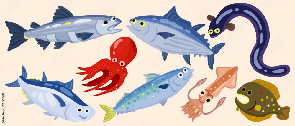 Vector cute set of marine animals. Salmon, bonito, freshwater eel, tuna, octopus, mackerel, squid, flounder. Vector cute set of marine animals. Salmon, bonito, freshwater eel, tuna, octopus, mackerel, squid, flounder.