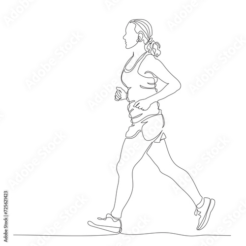 Woman jogging. Side view. Continuous line drawing. Hand drawn black and white vector illustration in line art style.