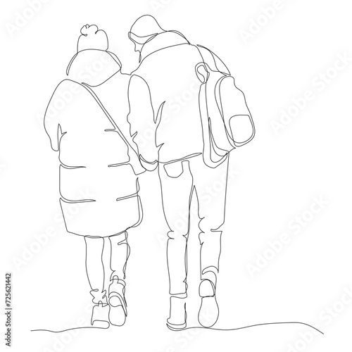 Couple walking away. Wear winter warm clothes. Continuous line drawing. Hand drawn black and white vector illustration in line art style.