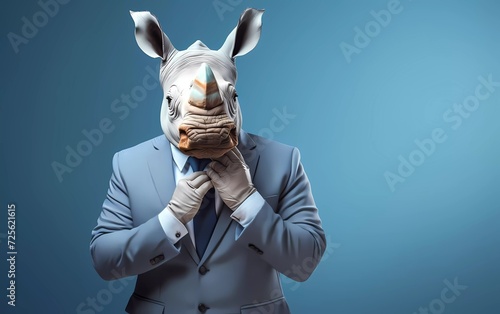 man folding hands career concept wearing vest rhino polygonal mask isolated blue background. generative ai