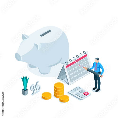 isometric business man with pencil near calendar and piggy bank, in color on white background, financial savings or deposits