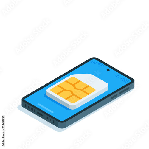 isometric sim card on a smartphone screen, in color on a white background, mobile operator or cellular connection