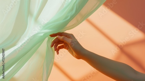 Elegant touch to sheer green fabric on peach backdrop, conveying softness, fashion, and delicate textures photo