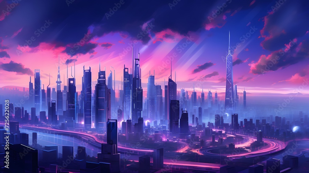Futuristic city panorama with skyscrapers and roads at sunset