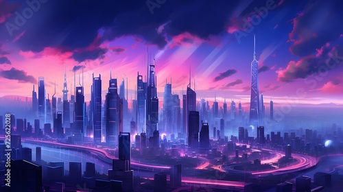 Futuristic city panorama with skyscrapers and roads at sunset