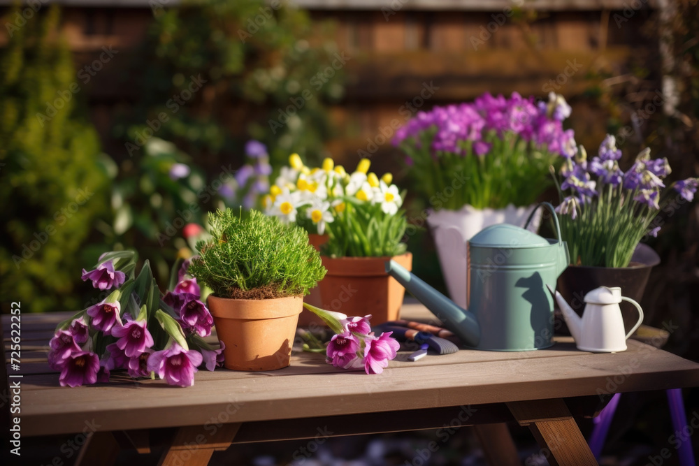 Spring gardening, gardening tools and flowers in the garden Spring gardening, gardening tools and flowers in the garden