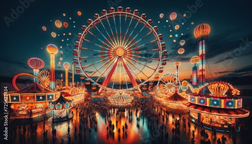 A panoramic view of a carnival scene at twilight photo