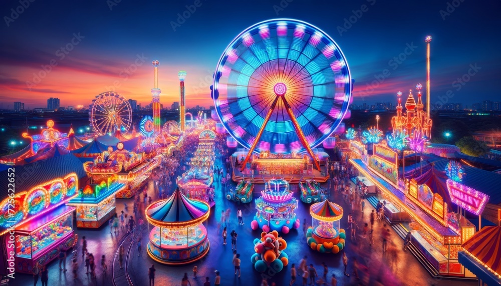A panoramic view of a carnival scene at twilight - obrazy, fototapety, plakaty 