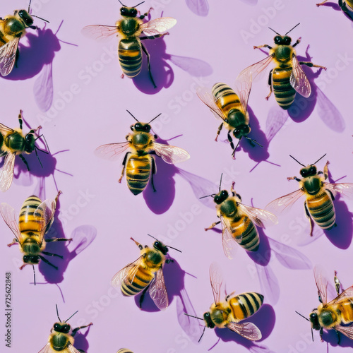 Artistic Top View of Honeybees on Purple Background, Symbolizing Community and Cooperation in Nature © Breezze