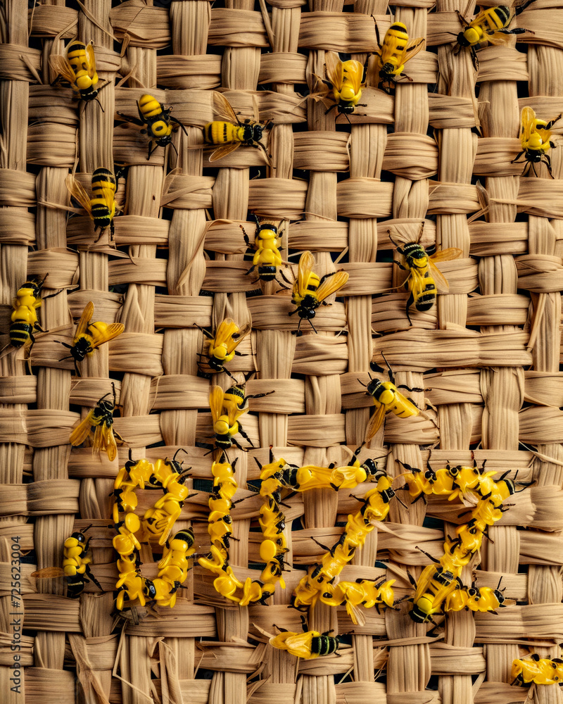 Yellow Text BUZZ Amidst a Swarm of Bees on Wicker, Highlighting the ...